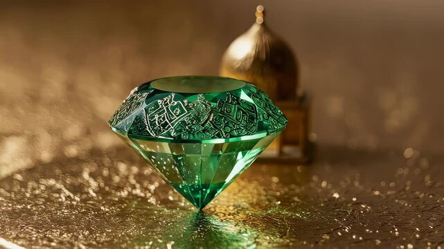 A faceted emerald with ornate carvings on reflective surface and gilded dome
