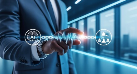 A professional interacts with a digital blockchain network displaying ai law and people icons representing technological advancement