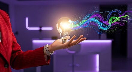 A woman in a red suit holds a glowing light bulb with vibrant energy flowing from it