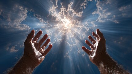 Upward View of Two Hands Reaching Towards Bright Sky and Sunlight