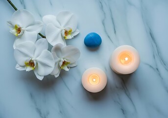 Serene spa setup with white orchids and lit candles on marble background for relaxation and wellness ambiance