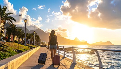 Woman with luggage walks along a coastal promenade at sunset