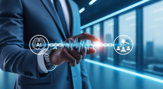 A professional interacts with a digital blockchain network displaying ai law and people icons representing technological advancement - Powered by Adobe