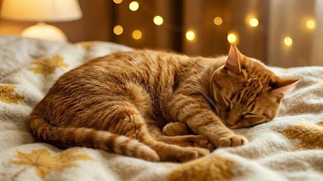 A ginger cat is curled up asleep on a bed. The cat is lying on a patterned blanket, with soft lighting in the background.