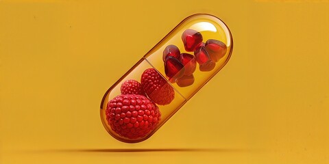 Pill of Raspberry: An enticing visual of a translucent capsule, filled with the vibrant essence of fresh raspberries, symbolizing wellness and natural health.