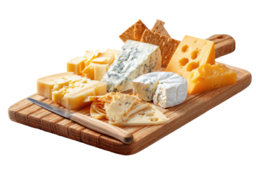 Cheese board with assorted cheeses and crackers on wood