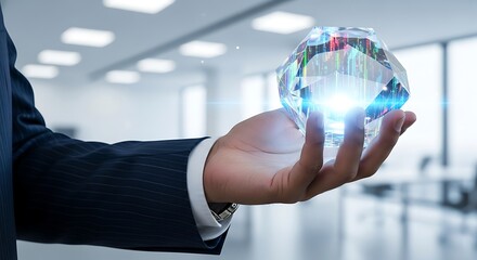 A business professional is holding a glowing crystal ball with a world map inside symbolizing global connectivity