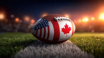 American football with USA and Canada flags on field at sunset