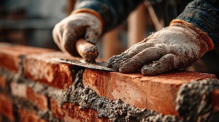 Close Up Detailed Bricklayer Hand Placing Bricks with Trowel Construction Industry