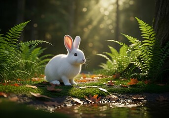 A white rabbit sits on mossy forest floor surrounded by ferns and fallen leaves in a serene natural environment with soft