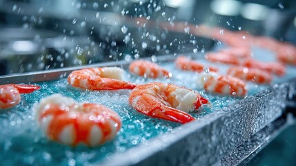 Freshly Washed and Chilled Shrimp on Conveyor Belt Food Industry