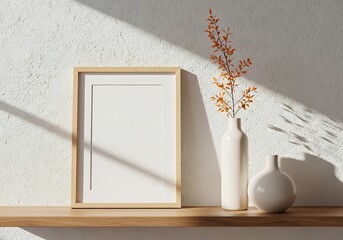 A serene still life composition featuring a wooden picture frame two white vases with autumn leaves on a wooden shelf