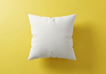 A white square throw pillow with a textured fabric against a bright yellow background with a subtle shadow