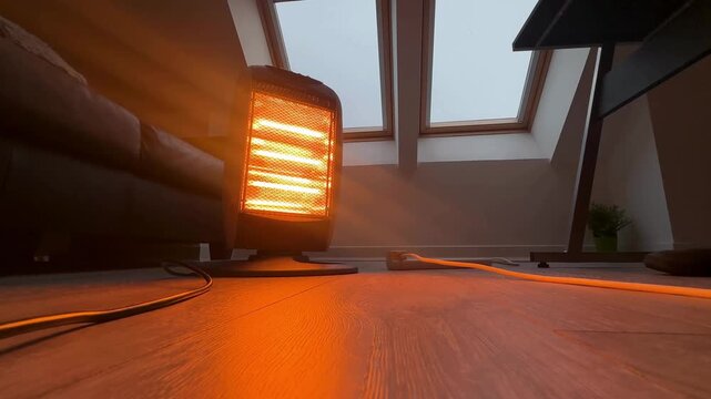spinning halogen indoor heater heating winter cold bedroom.