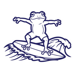 Fototapeta premium Cute cartoon frog surfing a wave on a surfboard with blue outline vector illustration