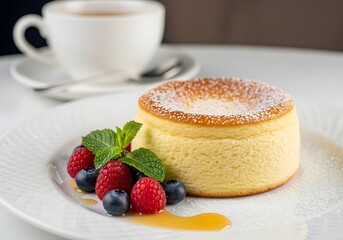 A delicious cheesecake with powdered sugar and fresh berries on a white plate with a cup of coffee in the background
