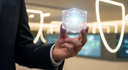A person holding a glowing translucent hexagonal prism representing digital security and futuristic technology concepts in a modern setting