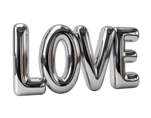 3D metallic silver Love text with a high gloss finish,white background.