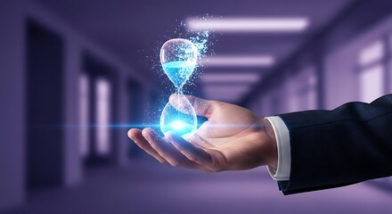 A glowing hourglass held in a hand symbolizing the passage of time within a futuristic hallway setting