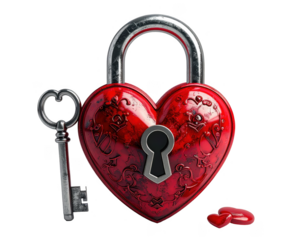 3D red lock with a silver key and tiny heart engravings,white background
