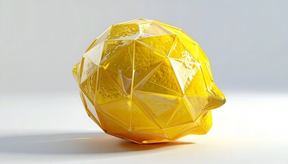 Geometric, faceted, bright yellow lemon on a gradient white background