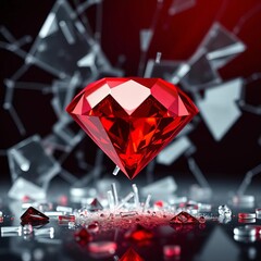 Glistening red diamond with shattered glass background, symbolizing violence and exploitation,  illegal mining,  illicit gem