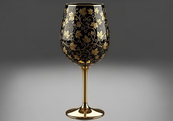 Elegant black and gold wine glass with floral pattern on stemware against gray background for luxury dining and wine