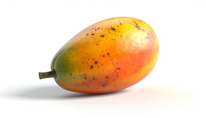 Ripe, colorful fruit with speckled skin and a stem, set against white