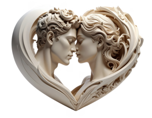 Abstract 3D sculpture of two souls embracing in heart form,white background.