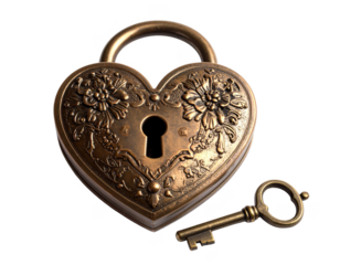 Antique copper heart-shaped lock with floral engravings and key,white background