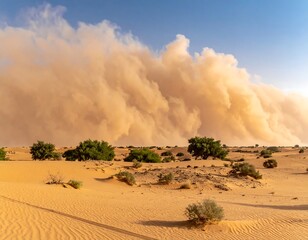 Large dust storm engulfs desert landscape, with green shrubbery