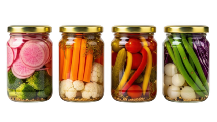 Four Jars of Pickled Vegetables Isolated on Transparent Background Keywords: pickled vegetables