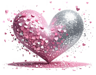 Falling silver and pink heart shaped glitter particles,white background