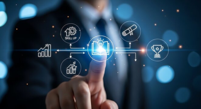 A business professional interacts with a glowing digital interface showcasing icons for skills growth and success - Powered by Adobe