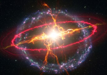 Vibrant cosmic explosion with bright orange and red energy tendrils emanating from a glowing white center surrounded