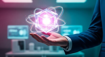 A businessman holds a glowing futuristic cube of energy in his hand symbolizing technological innovation and progress