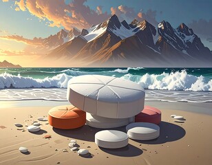 Large pills on beach, mountains and ocean in the background, sunset