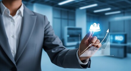 A business professional interacts with a glowing digital graph showing upward trends symbolizing growth and technological innovation