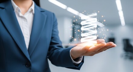 A professional woman presenting a glowing dna helix in the palm of her hand symbolizing biotechnology