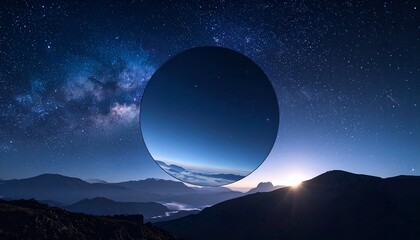 Celestial sphere over mountain silhouettes reflecting dawn and cosmos