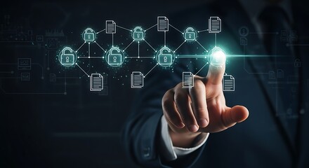 A person interacts with a digital network of files secured by glowing padlock icons representing data protection