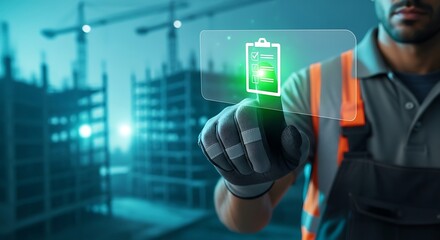 Construction worker interacts with a digital interface displaying a battery icon representing energy management on a worksite