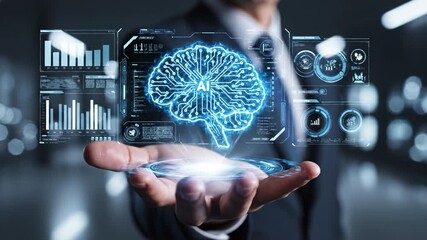 Futuristic digital brain hologram hovering above open palm with data charts and interface panels glowing circuitry and network connections conveying artificial intelligence and technology holographic - Powered by Adobe