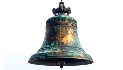 Close up of a large, weathered bronze bell against a bright white sky