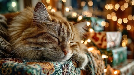 Cozy Indoor Ginger Cat Sleeping Peacefully During Festive Holiday Season