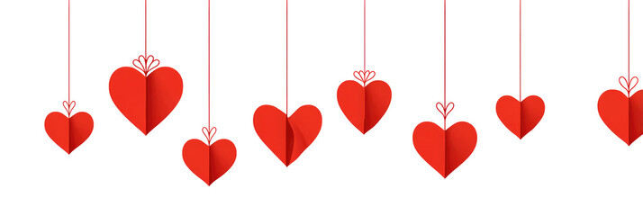 Collection of hanging red hearts on transparent background