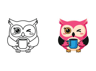 Obraz premium Crying owl drinking coffee or tea from mug