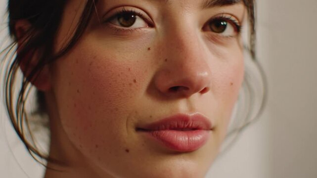Close-up portrait of a young woman with mole and brown eyes.