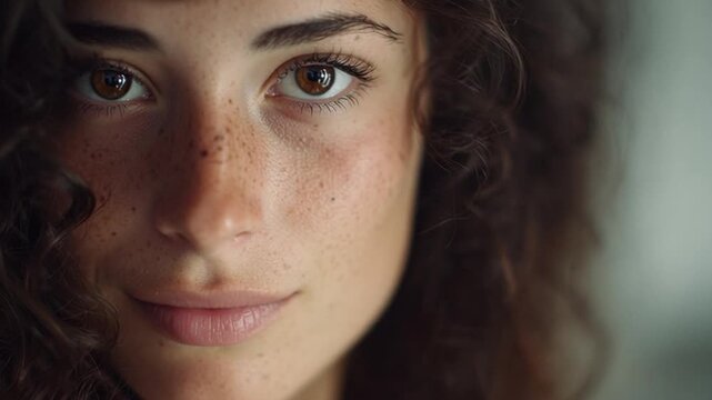 Close-up portrait of a young woman with freckles and curly hair.