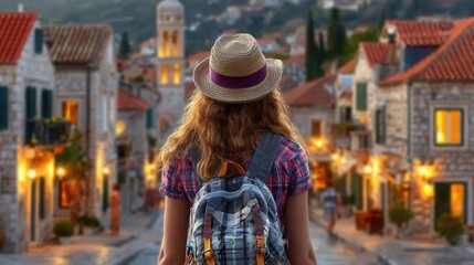Woman with backpack exploring charming European town at sunset
